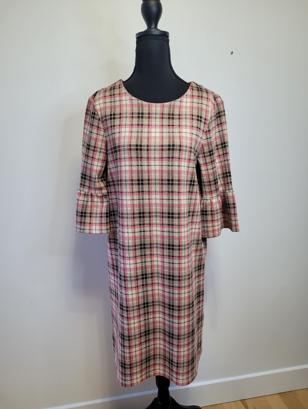🍂 Twik Simons Pink Plaid Bell Sleeve Shift Dress Size L - EUC - Picture 2 of 11